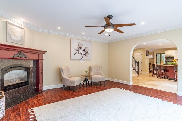 Fireplace, Interior, Recessed Lighting, Wood Texture Flooring