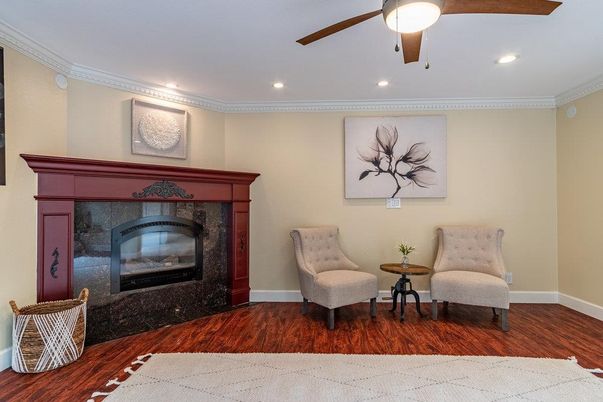 Fireplace, Interior, Recessed Lighting, Wood Texture Flooring