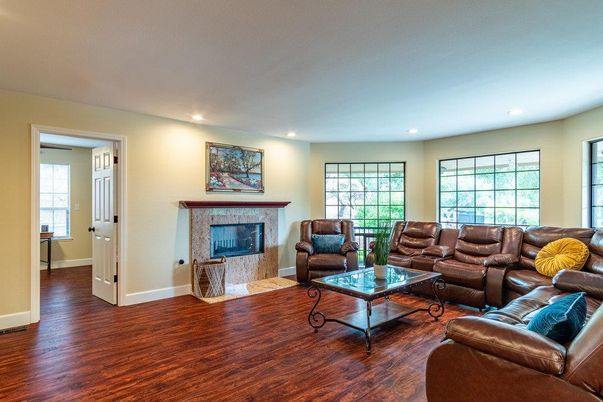 Fireplace, Interior, Living room, Recessed Lighting, Wood Texture Flooring
