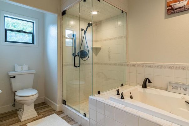 Bathroom, Glass Shower, Interior, Recessed Lighting, Wood Texture Flooring