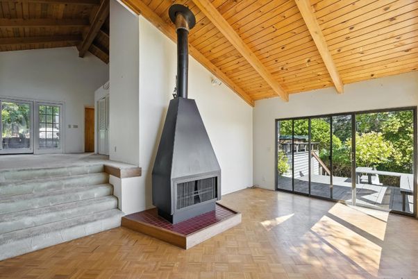 Empty room, Fireplace, Interior, Wooden Beams, Wooden Ceilings, Wood Texture Flooring