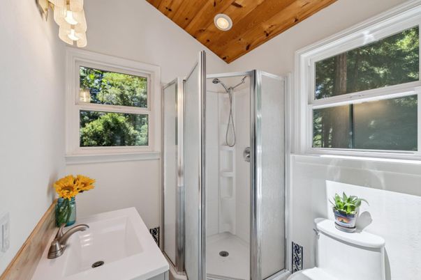 Bathroom, Glass Shower, Interior, Recessed Lighting, Wooden Beams, Wooden Ceilings