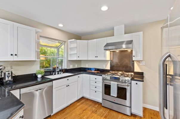 Interior, Kitchen, Recessed Lighting, Stainless Steel Appliances, Wood Texture Flooring