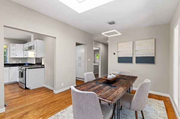 Dining room, Interior, Kitchen, Pendant Lights, Recessed Lighting, Wood Texture Flooring