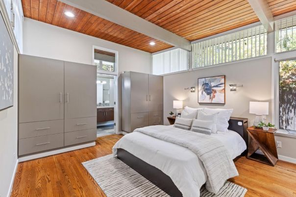 Bedroom, Interior, Recessed Lighting, Wooden Ceilings, Wood Texture Flooring