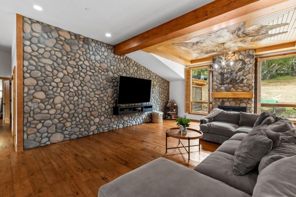 Fireplace, Interior, Living room, Recessed Lighting, Stone Walls, Wooden Beams, Wood Texture Flooring