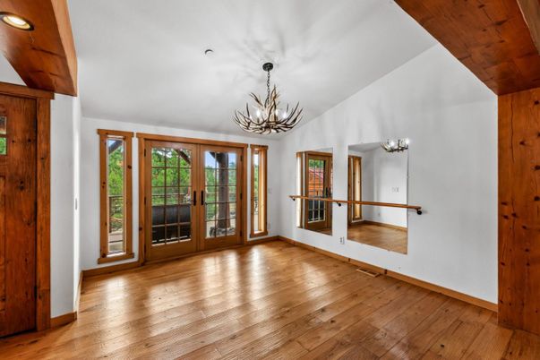 Chandelier, Empty room, Interior, Recessed Lighting, Wood Texture Flooring