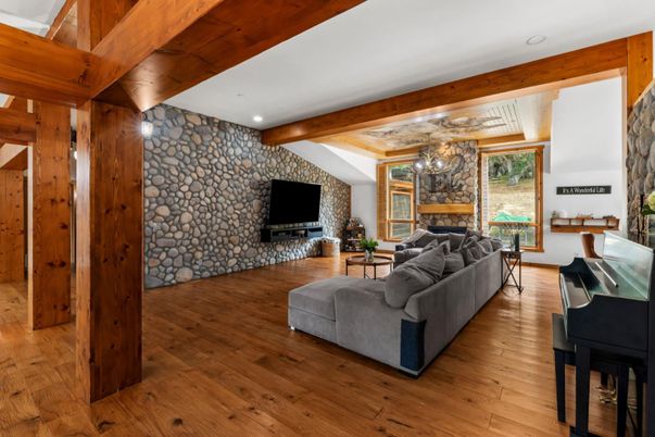 Fireplace, Interior, Living room, Piano, Recessed Lighting, Stone Walls, Wooden Beams, Wood Texture Flooring