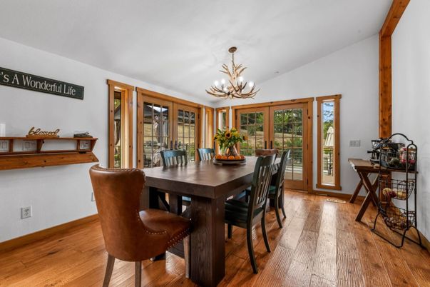 Chandelier, Dining room, Interior, Wood Texture Flooring