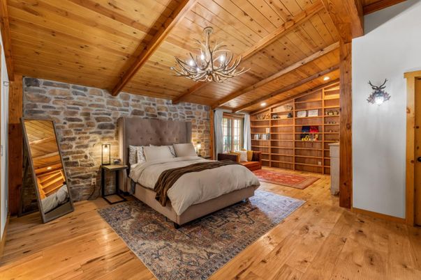 Bedroom, Chandelier, Interior, Recessed Lighting, Stone Walls, Wooden Beams, Wooden Ceilings, Wood Texture Flooring