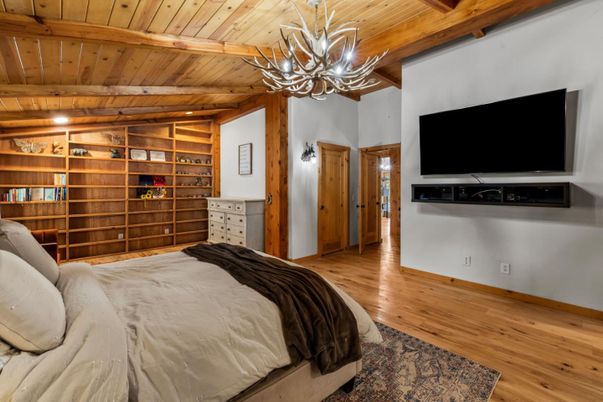 Bedroom, Chandelier, Interior, Wooden Beams, Wooden Ceilings, Wood Texture Flooring