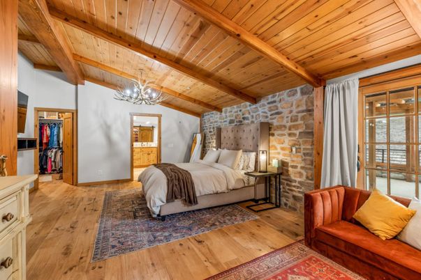 Bedroom, Chandelier, Interior, Stone Walls, Wooden Beams, Wooden Ceilings, Wood Texture Flooring
