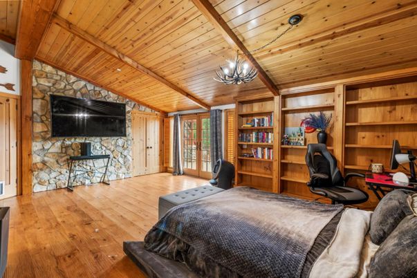 Bedroom, Chandelier, Interior, Stone Walls, Wooden Beams, Wooden Ceilings, Wood Texture Flooring, Wooden Walls