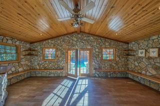 Empty room, Interior, Recessed Lighting, Stone Walls, Wooden Ceilings, Wood Texture Flooring