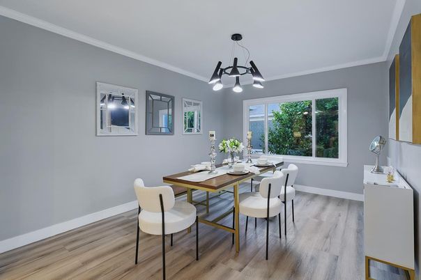 Dining room, Interior, Pendant Lights, Wood Texture Flooring