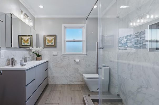Bathroom, Glass Shower, Interior, Marble Walls, Recessed Lighting, Wood Texture Flooring