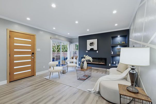 Fireplace, Interior, Living room, Recessed Lighting, Wood Texture Flooring