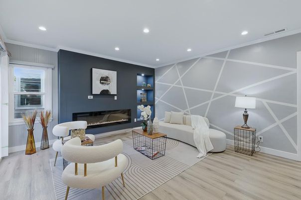 Fireplace, Interior, Living room, Recessed Lighting, Wood Texture Flooring