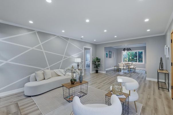 Dining room, Interior, Living room, Recessed Lighting, Wood Texture Flooring