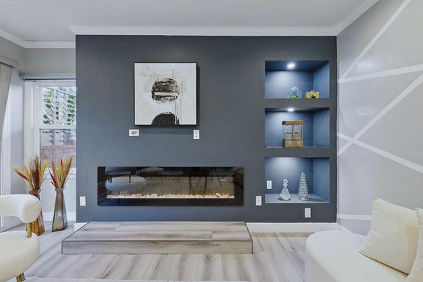Fireplace, Interior, Recessed Lighting, Wood Texture Flooring
