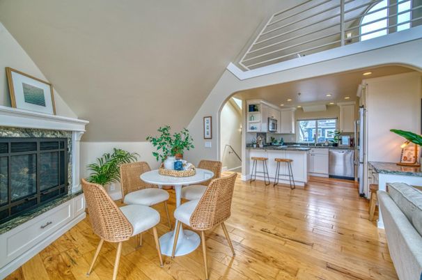 Dining room, Fireplace, Interior, Kitchen, Recessed Lighting, Wood Texture Flooring