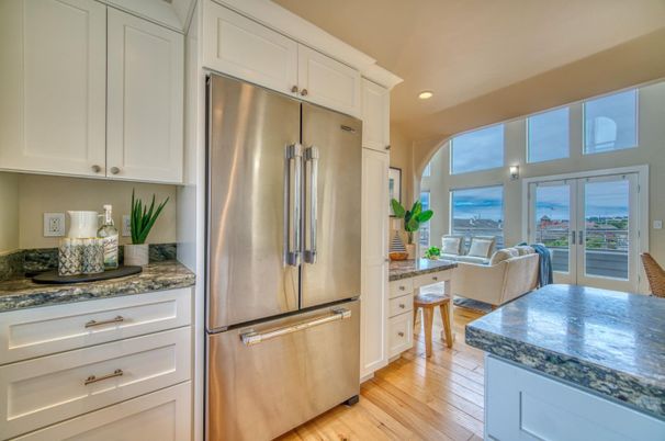 Interior, Kitchen, Recessed Lighting, Stainless Steel Appliances, Water, Wood Texture Flooring