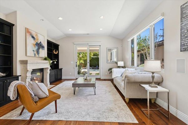 Fireplace, Interior, Living room, Recessed Lighting, Wood Texture Flooring