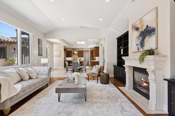 Dining room, Fireplace, Interior, Kitchen, Living room, Recessed Lighting, Wood Texture Flooring