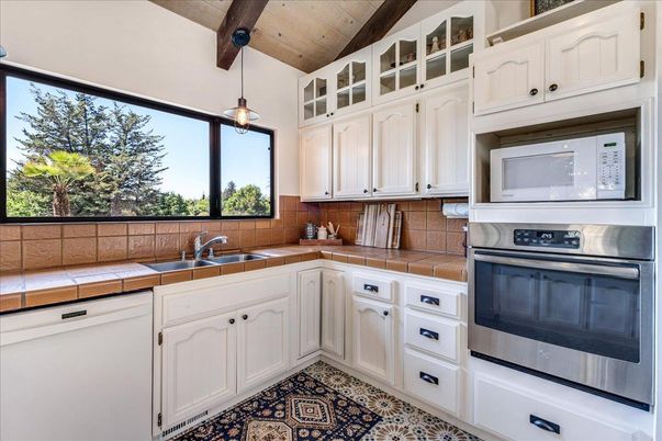 Interior, Kitchen, Pendant Lights, Tile Countertops, Wooden Beams, Wooden Ceilings