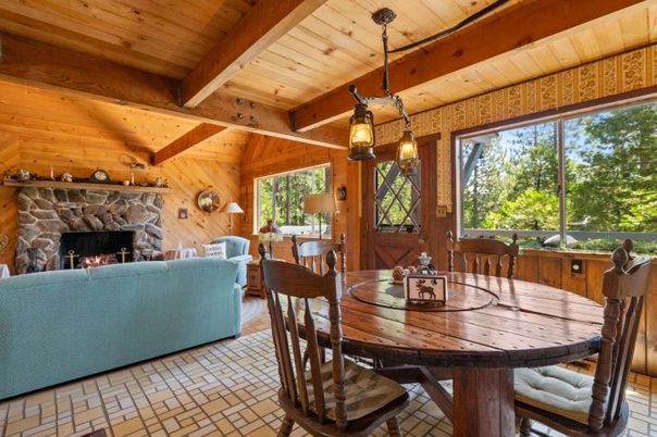 Dining room, Fireplace, Interior, Living room, Pendant Lights, Wooden Beams, Wooden Ceilings, Wooden Walls
