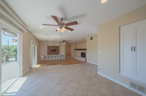Empty room, Fireplace, Interior, Recessed Lighting, Wood Texture Flooring