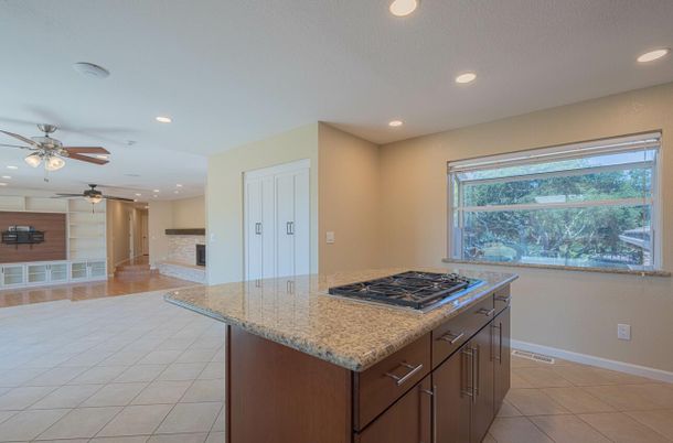 Fireplace, Interior, Kitchen, Recessed Lighting, Wood Texture Flooring