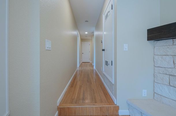 Interior, Recessed Lighting, Stone Walls, Wood Texture Flooring