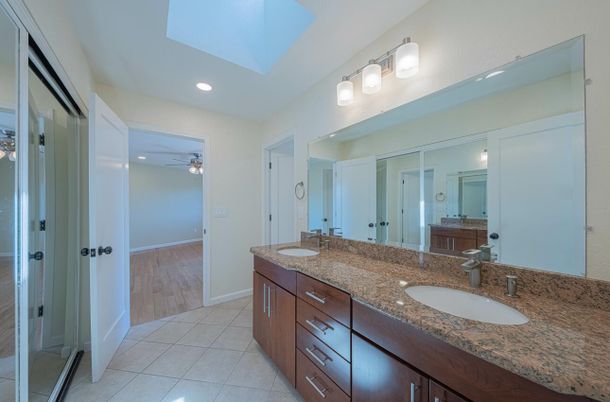 Bathroom, Dual Sink Vanities, Interior, Recessed Lighting, Wood Texture Flooring