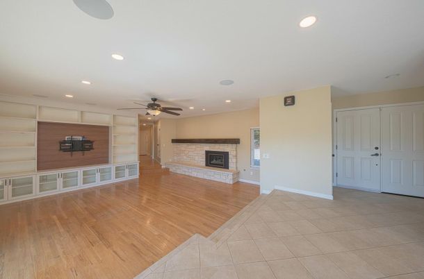 Empty room, Fireplace, Interior, Recessed Lighting, Wood Texture Flooring