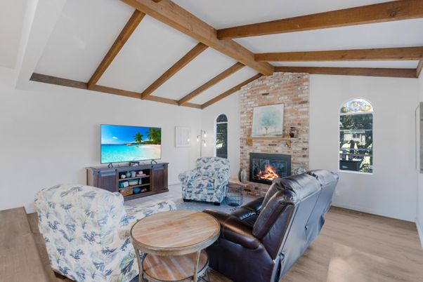Fireplace, Interior, Living room, Stone Walls, Wooden Beams, Wood Texture Flooring