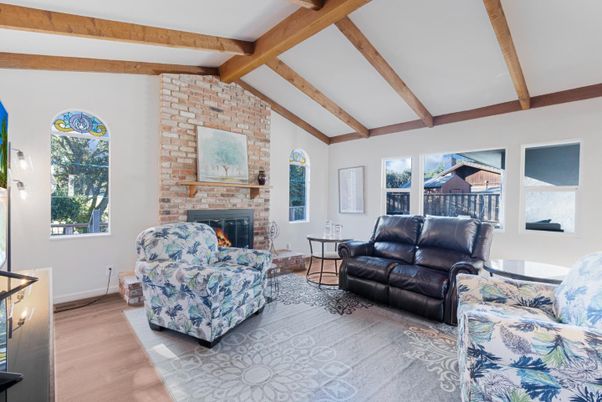 Fireplace, Interior, Living room, Stone Walls, Wooden Beams, Wood Texture Flooring