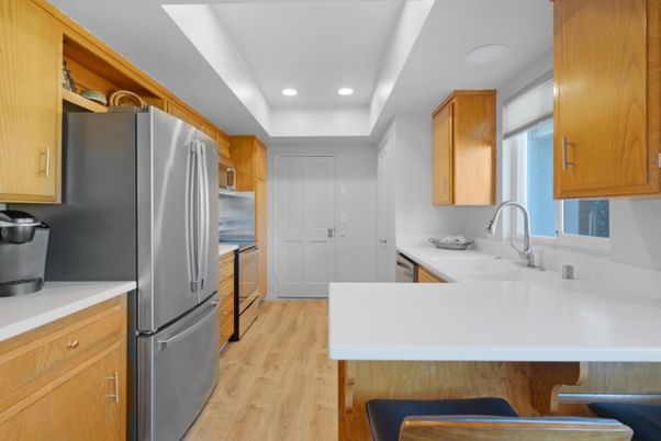 Interior, Kitchen, Recessed Lighting, Stainless Steel Appliances, Wood Texture Flooring
