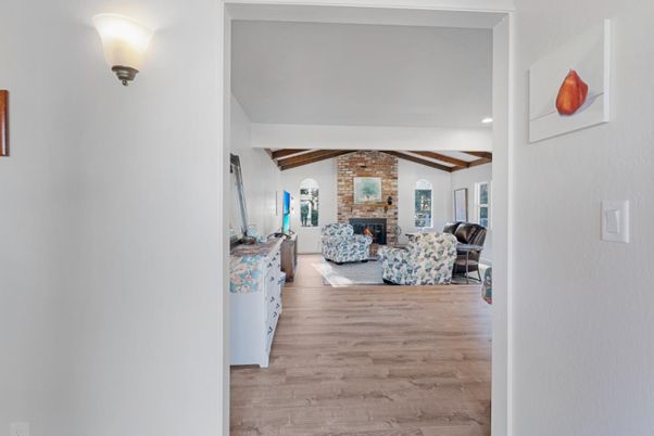 Fireplace, Interior, Living room, Recessed Lighting, Stone Walls, Wooden Beams, Wood Texture Flooring