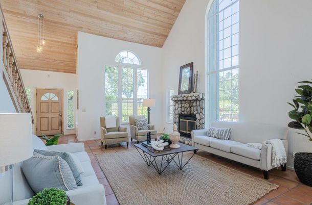 Fireplace, Interior, Living room, Pendant Lights, Wooden Ceilings