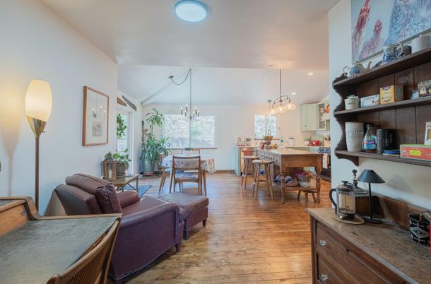 Chandelier, Dining room, Interior, Living room, Pendant Lights, Recessed Lighting, Wood Texture Flooring