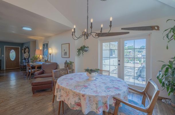 Chandelier, Dining room, Interior, Recessed Lighting, Wood Texture Flooring