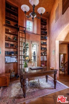 Chandelier, Home Office, Interior, Recessed Lighting, Wood Texture Flooring, Wooden Walls