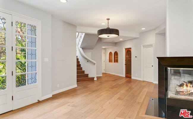 Fireplace, Interior, Pendant Lights, Recessed Lighting, Wood Texture Flooring