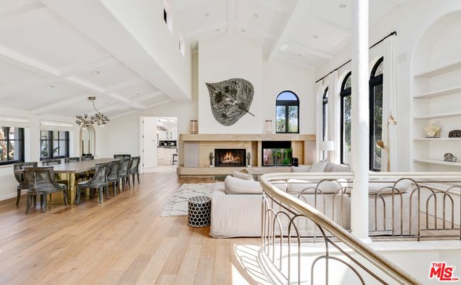 Chandelier, Dining room, Fireplace, Interior, Living room, Recessed Lighting, Wood Texture Flooring