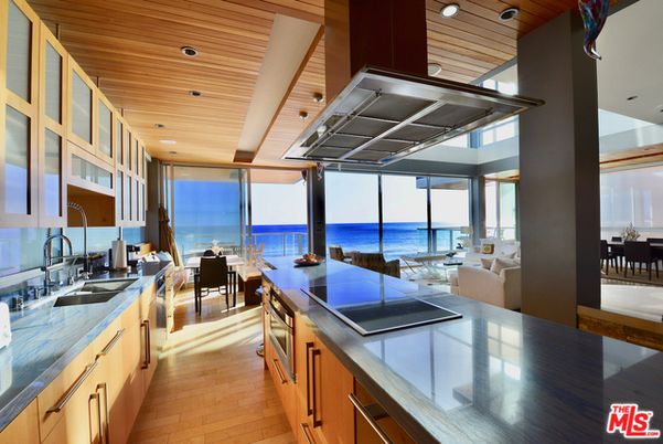 Dining room, Interior, Kitchen, Living room, Recessed Lighting, Stainless Steel Appliances, Water, Wooden Ceilings, Wood Texture Flooring