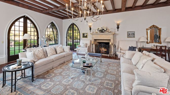 Chandelier, Fireplace, Interior, Living room, Wooden Beams, Wood Texture Flooring