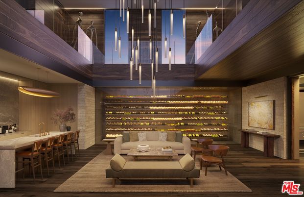 Interior, Living room, Pendant Lights, Stone Walls, Wine Storage, Wood Texture Flooring