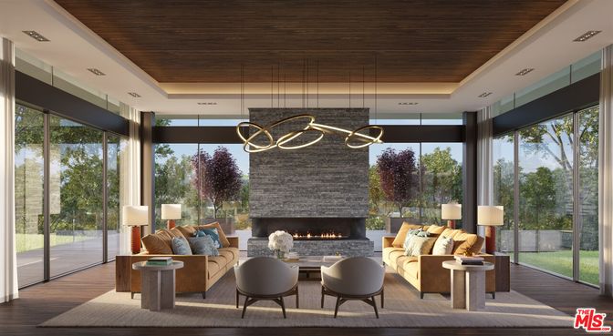 Fireplace, Interior, Living room, Pendant Lights, Recessed Lighting, Stone Walls, Wooden Ceilings, Wood Texture Flooring