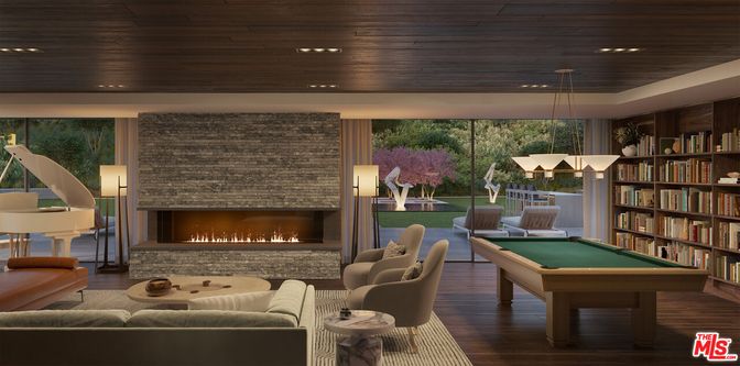 Billiard Table, Fireplace, Game Room, Interior, Living room, Pendant Lights, Piano, Recessed Lighting, Stone Walls, Wooden Ceilings, Wood Texture Flooring
